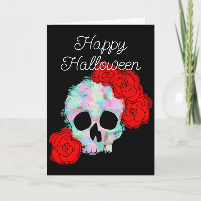 Tarjeta Cráneo Floral Feliz Halloween Saludo (Anverso)