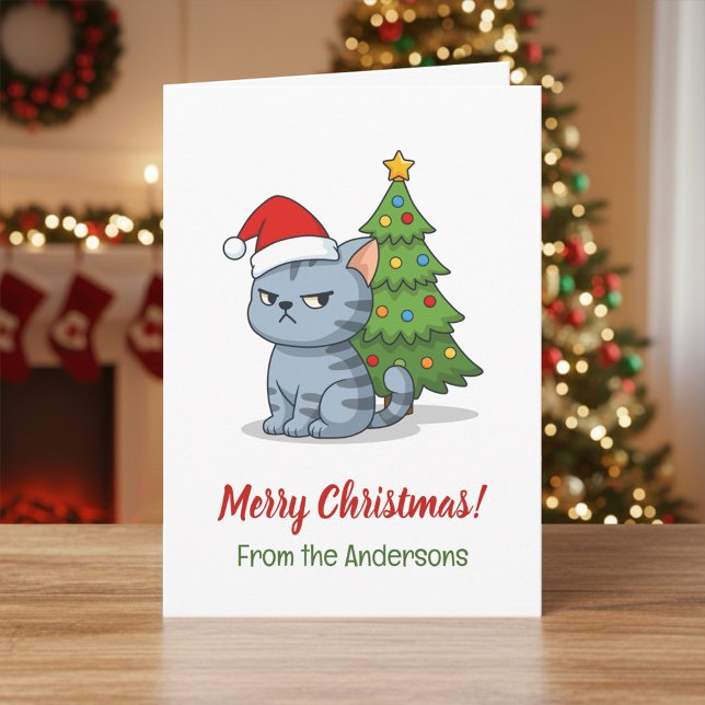 Tarjeta Cranky Grey Tabby Cat Red Hat Christmas Tree (Subido por el creador)