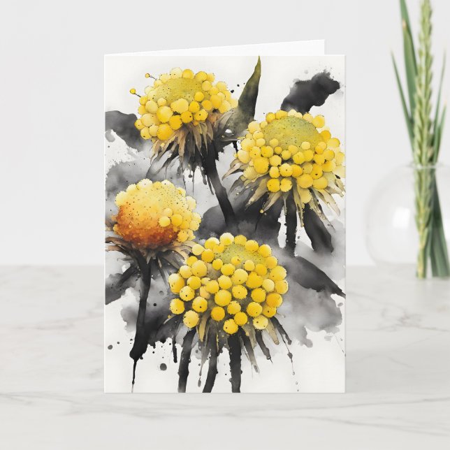Tarjeta Craspedia - Flores de acuarela (Anverso)