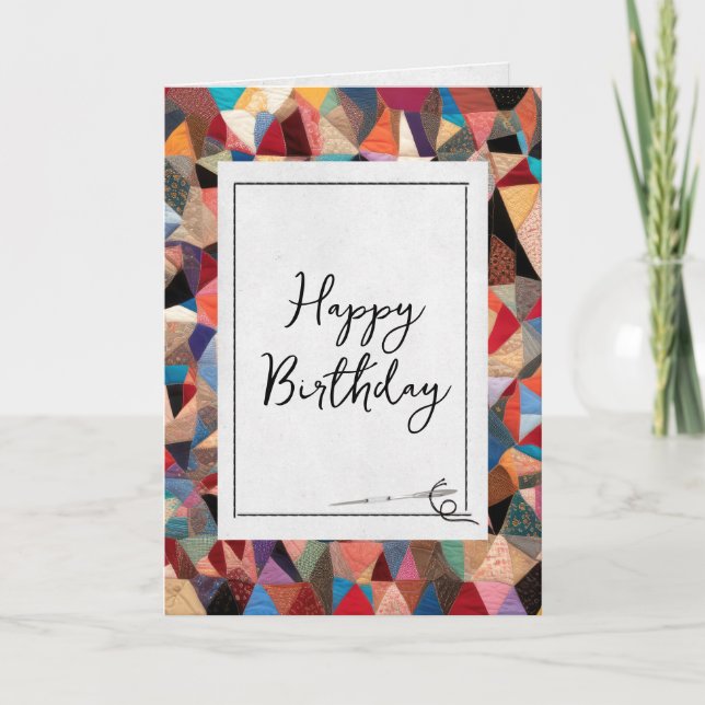 Tarjeta Crazy Quilt Pattern y Needle Cumpleaños (Anverso)