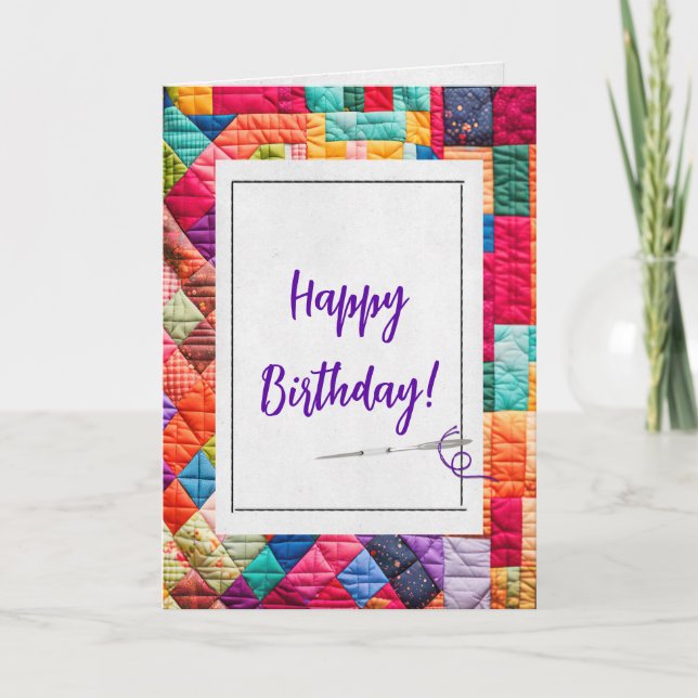 Tarjeta Crazy Quilt y Needle para el cumpleaños (Anverso)