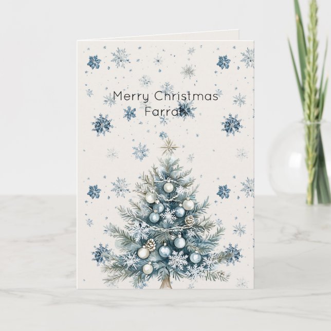 Tarjeta Cream Blue Snowflakes Christmas Tree (Anverso)