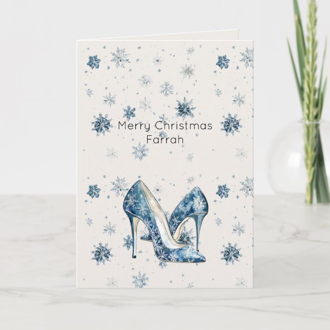 Tarjeta Cream Blue Snowflakes High Heels (Anverso)