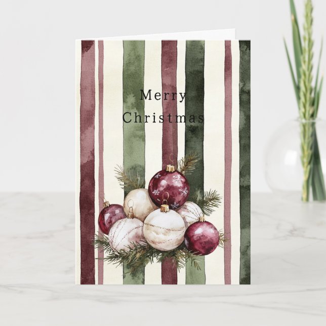 Tarjeta Cream Burgundy Red Stripes Christmas Ornaments (Anverso)