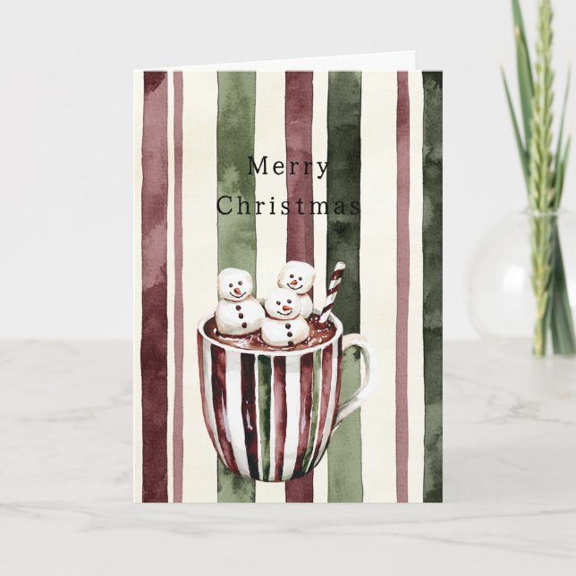 Tarjeta Cream Burgundy Red Stripes Christmas Snowmen Cup (Anverso)
