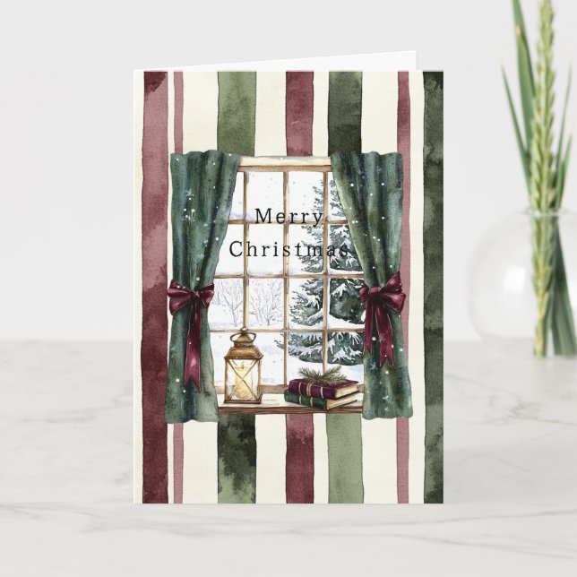 Tarjeta Cream Burgundy Red Stripes Window Tree Christmas (Anverso)