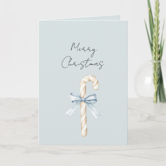Tarjeta Cream Candy Canes Blue Bow Christmas (Anverso)