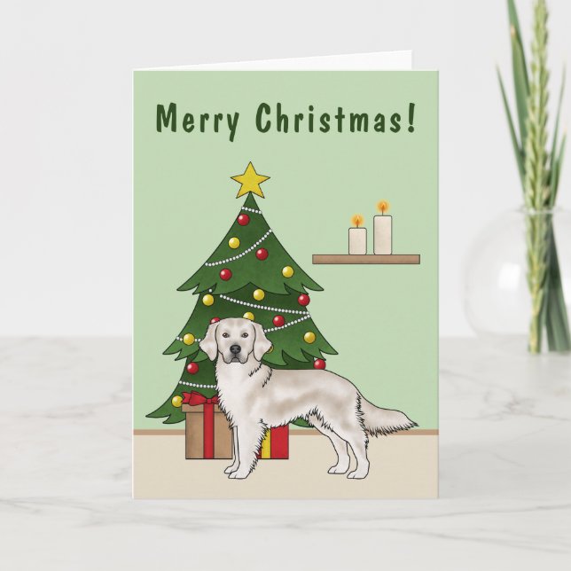 Tarjeta Cream English Golden Retriever with Christmas Tree (Anverso)
