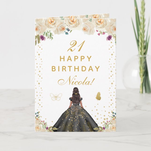 Tarjeta Cream Floral Dark Skin Girl Birthday (Anverso)