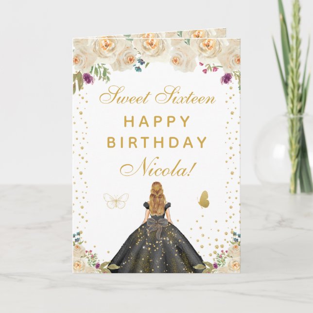 Tarjeta Cream Floral Rubia Cumpleaños Dulce Dieciséis (Anverso)