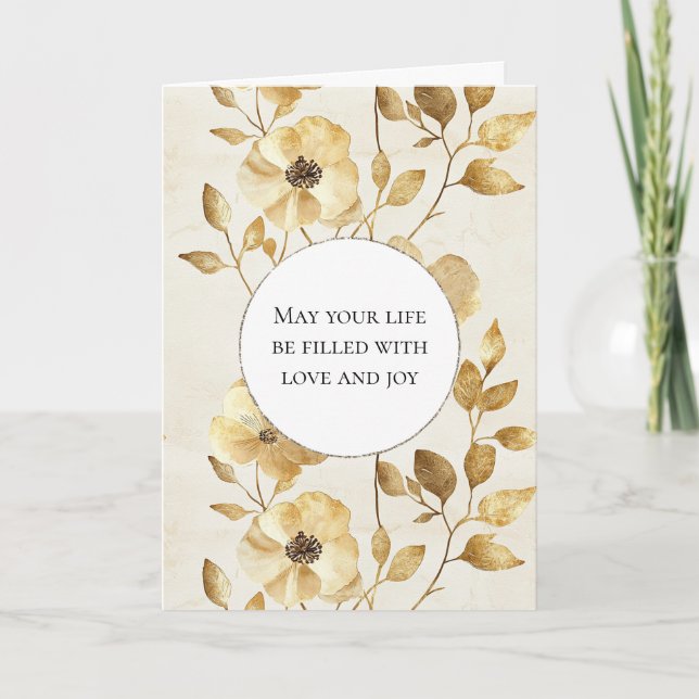 Tarjeta Cream Gold Floral Love & Joy Boda (Anverso)