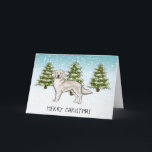 Tarjeta Cream Golden Retriever Blue Winter Feliz Navidad<br><div class="desc">El original ilustracion personalizado de Destei de un lindo perro de raza Golden Retriever color crema inglesa. El perro es colocado en una escena invernal con tres abetos verdes y la caída de la nieve. El fondo es un degradado de azul a blanco que da al diseño ese aspecto frío...</div>