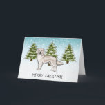 Tarjeta Cream Golden Retriever Blue Winter Feliz Navidad<br><div class="desc">El original ilustracion personalizado de Destei de un lindo perro de raza Golden Retriever color crema inglesa. El perro es colocado en una escena invernal con tres abetos verdes y la caída de la nieve. El fondo es un degradado de azul a blanco que da al diseño ese aspecto frío...</div>