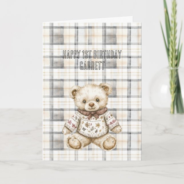 Tarjeta Cream Grey Plaid Stripes Teddy Bear Birthday (Anverso)