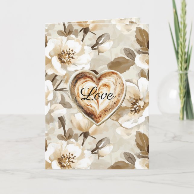Tarjeta Cream White Brown Floral Heart Love (Anverso)