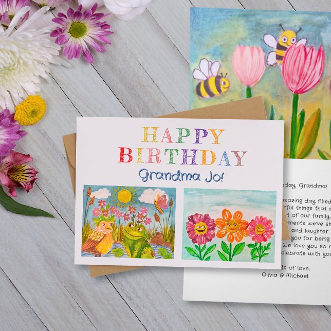 Tarjeta Crear el cumpleaños de la abuela de arte de tu pro (Happy birthday greeting card for grandmother with kid's art.)