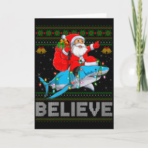 Tarjeta Cree Navidad Divertido Santa Montando Tiburón Feo 