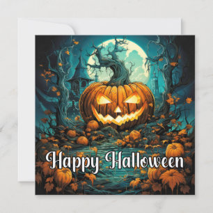 Tarjeta Creepe Feliz Ilustracion de Calabaza de Halloween