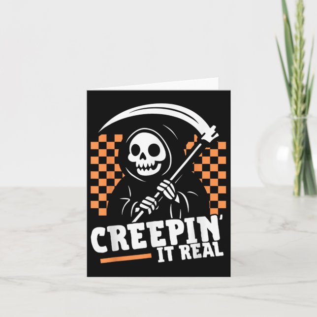 Tarjeta Creepin It Real Retro Grim Reaper Funny Halloween (Anverso)