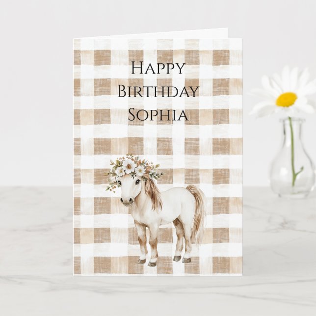 Tarjeta Crema Blanco Cuadros Flores Caballo Cumpleaños (Planta pequeña)
