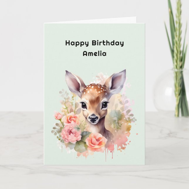 Tarjeta Cría De Cerfs Rodeada De Rosas Cumpleaños (Anverso)