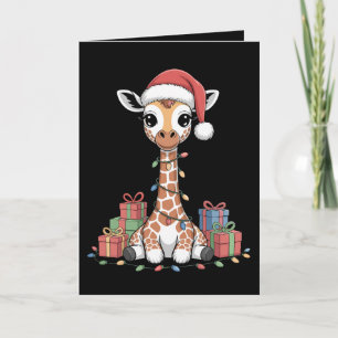 Tarjeta Cría de jirafa sombrero de Santa luces de Navidad 