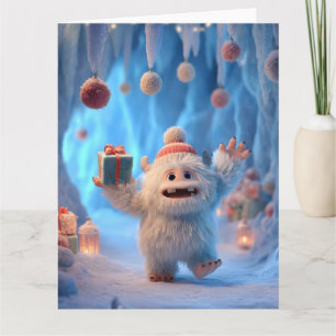 Tarjeta Criatura adorable de Yeti esponjoso celebrando
