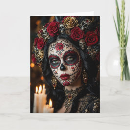 Tarjeta Crimson Rose Calavera – Elegante Día de Muertos