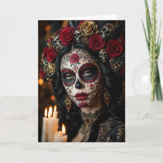 Tarjeta Crimson Rose Calavera – Elegante Día de Muertos