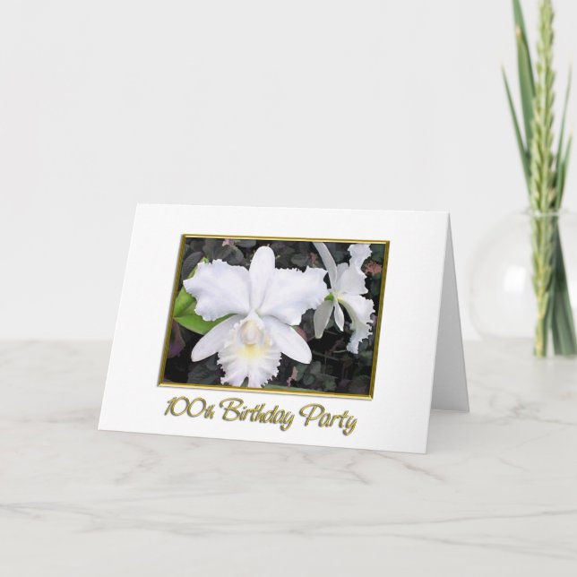 Tarjeta Crisp White Orchids Fiesta de cumpleaños 100 (Anverso)