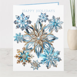 Tarjeta Cristal Azul y Copos de Nieve Dorados