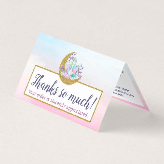 Tarjeta Cristales acuarelas y Boutique Gold Moon Gracias (Anverso)