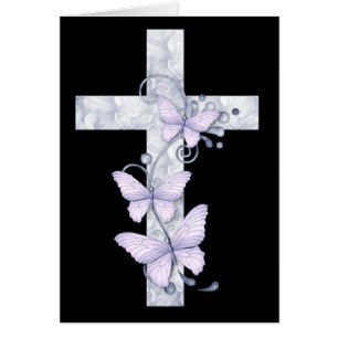 Tarjeta cristiana negra con cruz azul y mariposas