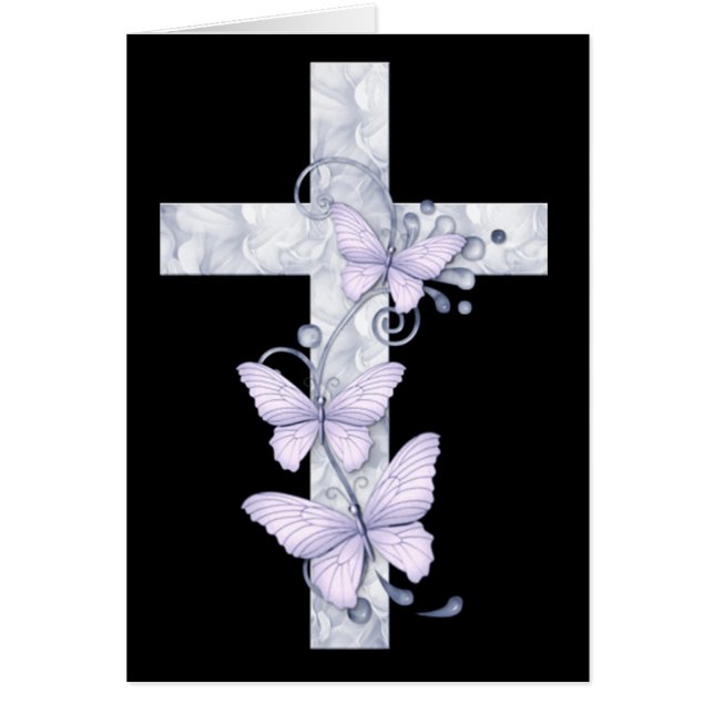 Tarjeta cristiana negra con cruz azul y mariposas (Frente)