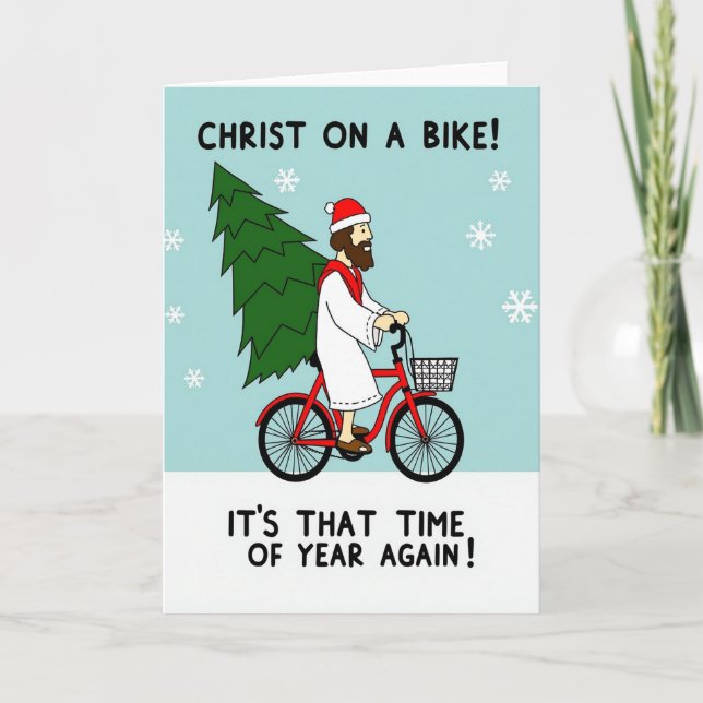 Tarjeta Cristo en una bicicleta divertida Navidad (Anverso)