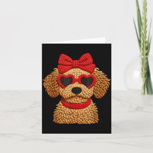 Tarjeta Crochet Puppy Heart Sungles Red Bow Valentines Day (Anverso)