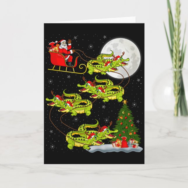 Tarjeta Crocodile Alligators Santa Sleigh Flying Funny Chr (Anverso)