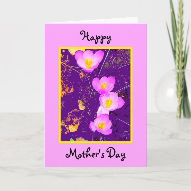 Tarjeta Crocus morado Borde rosa Día de la Madre (Anverso)