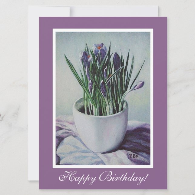 Tarjeta Crocuses morados de cumpleaños, flores de Pola.B.A (Anverso)