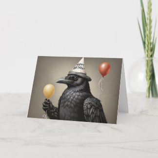 Tarjeta Crow sosteniendo globo amarillo feliz gorra de cum