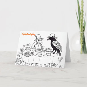 Tarjeta Crow y peregrinos en la mesa de acción de gracias