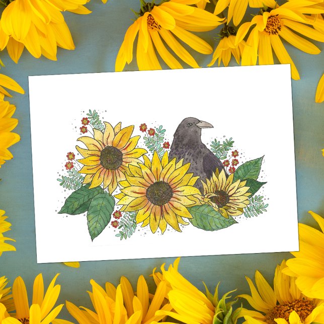 Tarjeta Crow y Sunflowers Watercolor (Subido por el creador)