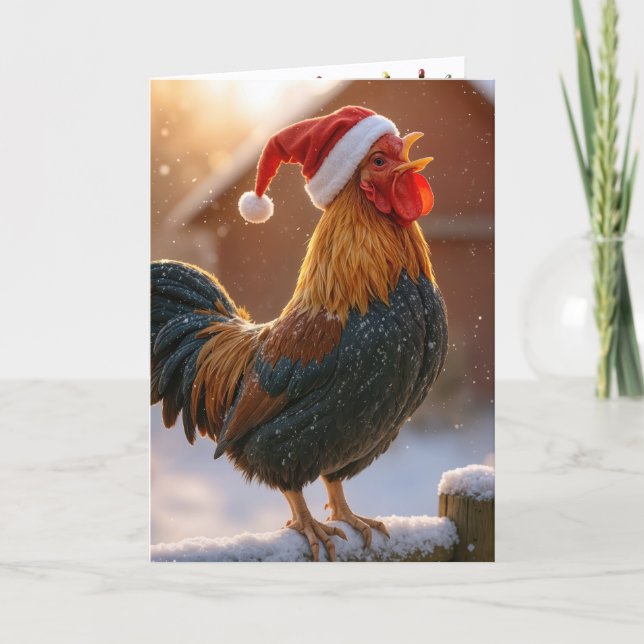 Tarjeta Crowing Christmas Rooster Wearing a Santa Hat (Anverso)