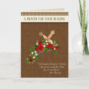 Tarjeta Crucifijo Rosas Rojas Oración de Sanación de Sta.