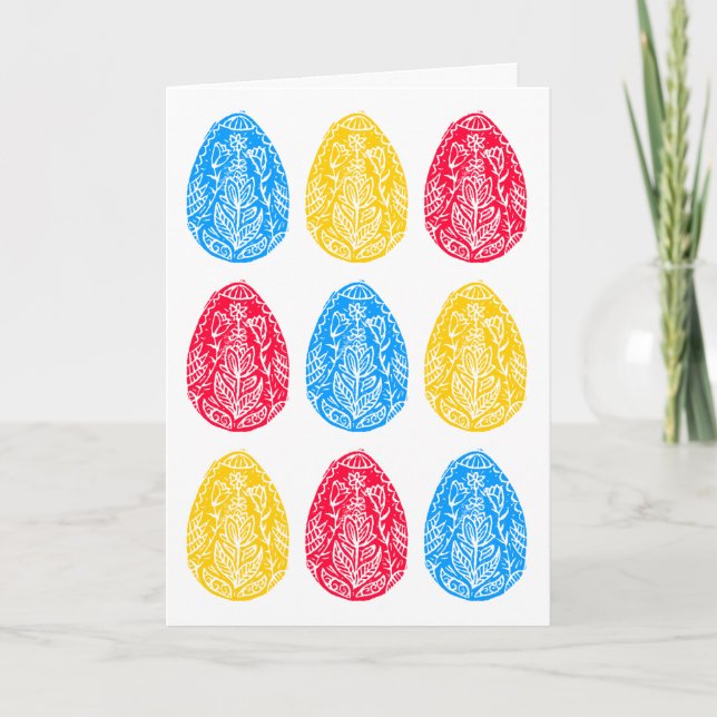 Tarjeta Crudo de huevo de pascua floral azul/rojo/amarillo (Anverso)