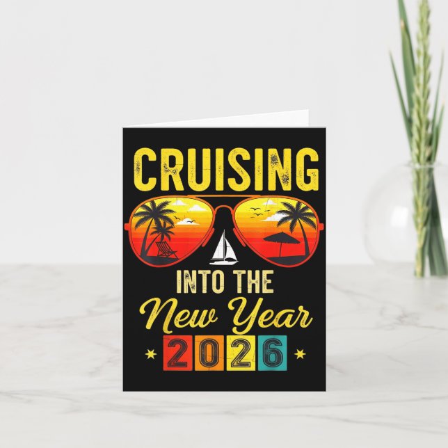 Tarjeta Cruising Into New Year 2026 Retro Trocal Sunset  (Anverso)