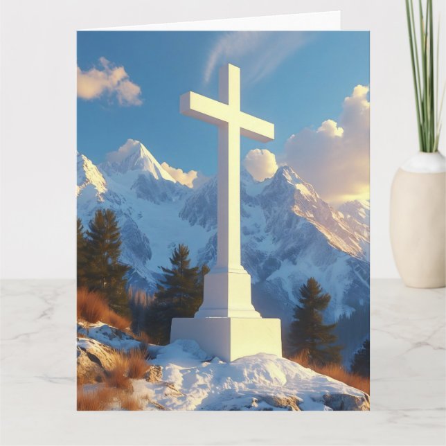 Tarjeta Cruz Blanca Santa en majestuosas montañas de nieve (Anverso)
