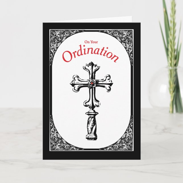 Tarjeta Cruz de felicitaciones de ordenación en negro (Anverso)