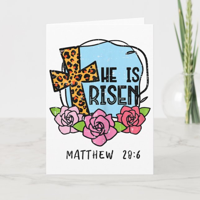 Tarjeta Cruz de leopardo Él ha resucitado Pascua Jesús Rel (Anverso)