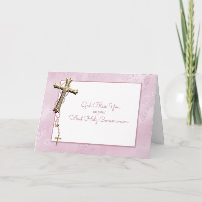 Tarjeta Cruz de oro, cuentas rosadas, bendición comunitari (Anverso)